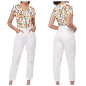 Loft Boyfriend Jeans White Cotton High Waist Rise Distressed Cuffed Jeans Size 0